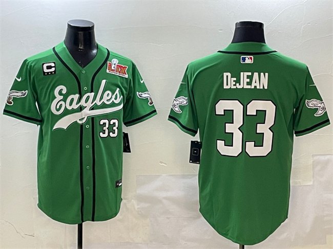 Green Philadelphia Eagles #33 Cooper DeJean 2025 Super Bowl LIX And 3-Star C Patch Stitched Baseball Jersey - PEL161