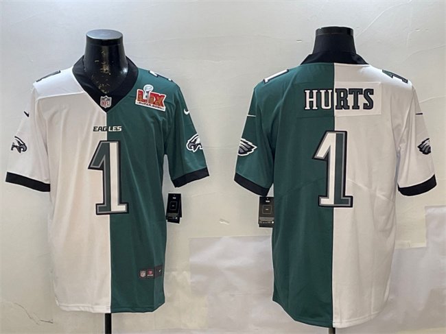 White & Green Philadelphia Eagles #1 Jalen Hurts Split 2025 Super Bowl LIX Patch Vapor Untouchable Limited Stitched Football Jersey - PEL163