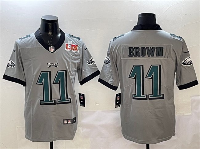 Grey Philadelphia Eagles #11 A. J. Brown 2025 Super Bowl LIX Patch Vapor Untouchable Limited Stitched Football Jersey - PEL116