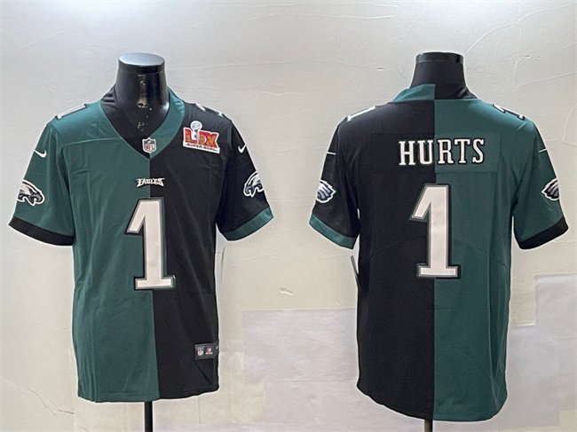 Green & Black Philadelphia Eagles #1 Jalen Hurts Split 2025 Super Bowl LIX Patch Vapor Untouchable Limited Stitched Football Jersey - PEL73