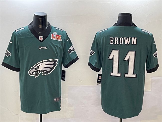 Green Philadelphia Eagles #11 A. J. Brown 2025 Super Bowl LIX Patch Team Big Logo Vapor Untouchable Limited Stitched Football Jersey - PEL183