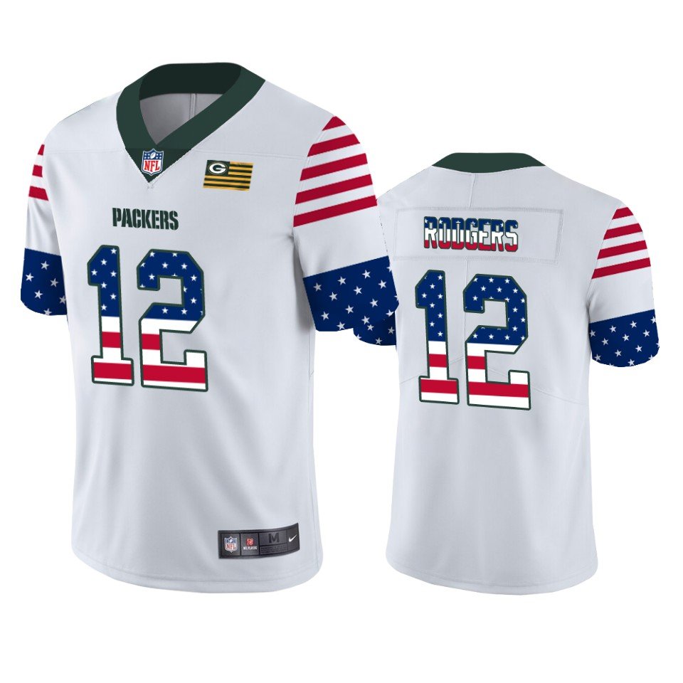 Green Bay Packers #12 Aaron Rodgers White Nike Team Logo USA Flag Vapor Untouchable Limited NFL Jersey - GBJ480