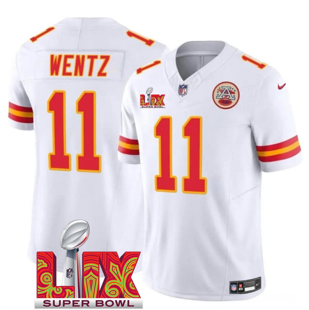 White Kansas City Chiefs #11 Carson Wentz 2025 Super Bowl LIX Patch F.U.S.E. Vapor Limited Stitched Football Jersey - KCJ11