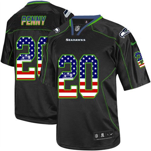 Nike Seahawks #20 Rashaad Penny Black Stitched NFL Elite USA Flag Fashion Jersey