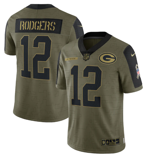 Olive Green Bay Packers #12 Aaron Rodgers 2021 Salute To Service Limited Stitched Jersey - GBJ296