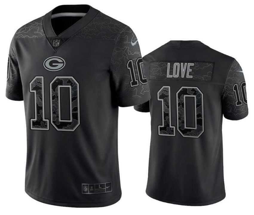Black Green Bay Packers #10 Jordan Love Reflective Limited Stitched Football Jersey - GBJ86