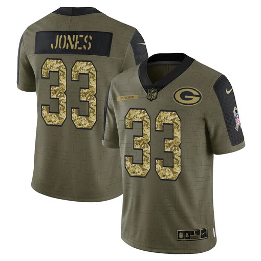 Olive Green Bay Packers #33 Aaron Jones 2021 Camo Salute To Service Limited Stitched Jersey - GBJ190