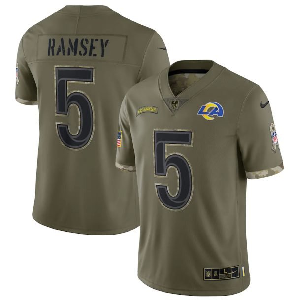 Los Angeles Rams #5 Jalen Ramsey Olive 2022 Salute To Service Limited Stitched Jersey - LAR483