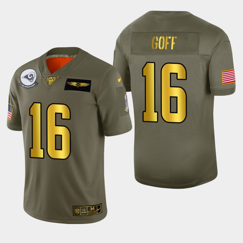 Nike Rams #16 Jared Goff Olive Gold 2019 Salute to Service NFL 100 Limited Jersey - LAR586