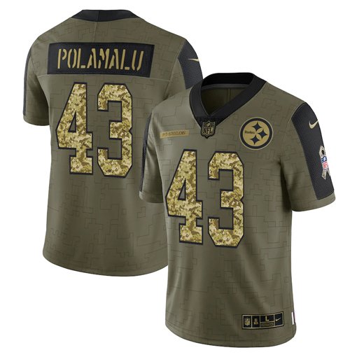 Olive Pittsburgh Steelers #43 Troy Polamalu 2021 Camo Salute To Service Limited Stitched Jersey - PSJ307