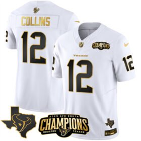 White Golden Houston Texans #12 Nico Collins 2023 F.U.S.E. With AFC South Champions Patch Limited Stitched Football Jersey - HTJ21