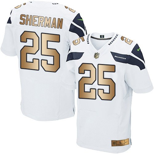 Nike Seahawks #25 Richard Sherman White Stitched NFL Elite Gold Jersey