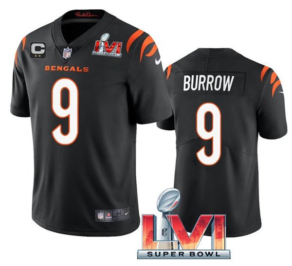 Black Cincinnati Bengals #9 Joe Burrow 2022 With C Patch Super Bowl LVI Vapor Limited Stitched Jersey - CCB29
