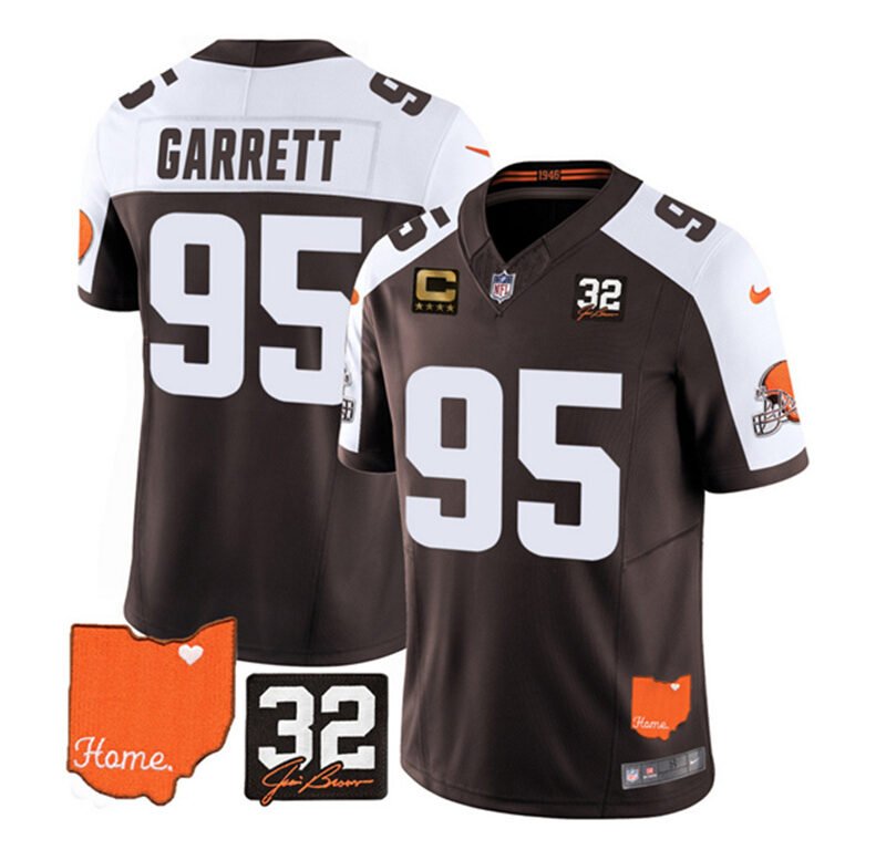 Brown/White Cleveland Browns #95 Myles Garrett 2023 F.U.S.E. With Jim Brown Memorial Patch And 4-Star C Patch Vapor Untouchable Limited Stitched Jersey - CLB127