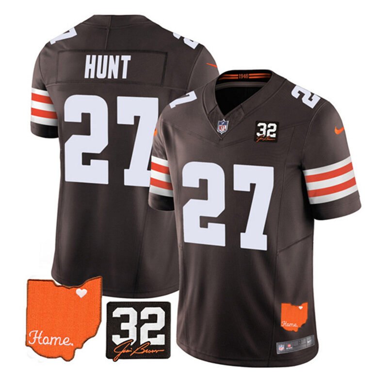 Brown Cleveland Browns #27 Kareem Hunt 2023 F.U.S.E. With Jim Brown Memorial Patch Vapor Untouchable Limited Stitched Jersey - CLB258