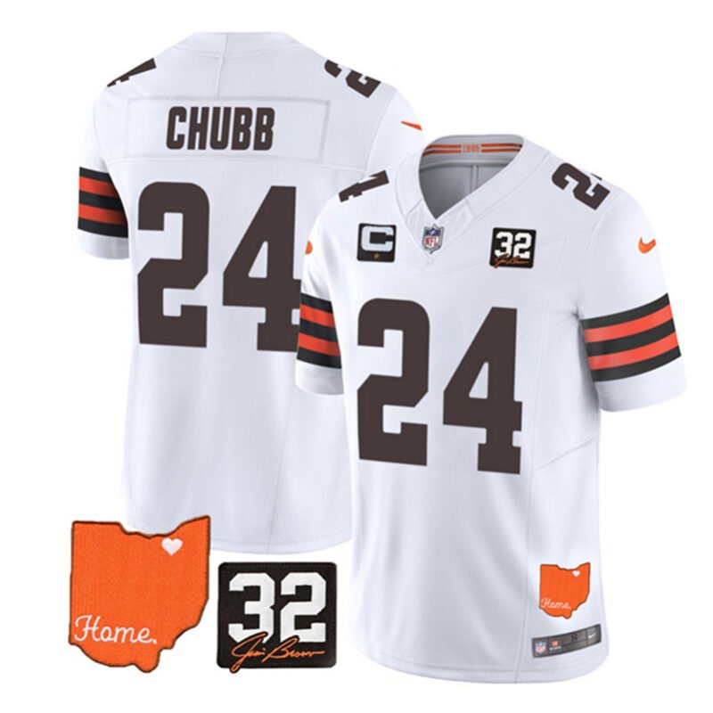 White Cleveland Browns #24 Nick Chubb 2023 F.U.S.E. With Jim Brown Memorial Patch And 1-Star C Patch Vapor Untouchable Limited Stitched Jersey - CLB200