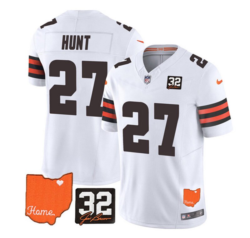 White Cleveland Browns #27 Kareem Hunt 2023 F.U.S.E. With Jim Brown Memorial Patch Vapor Untouchable Limited Stitched Jersey - CLB285