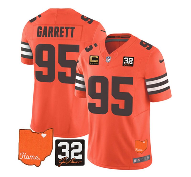 Orange Cleveland Browns #95 Myles Garrett 2023 F.U.S.E. With Jim Brown Memorial Patch And 4-Star C Patch Vapor Untouchable Limited Stitched Jersey - CLB186