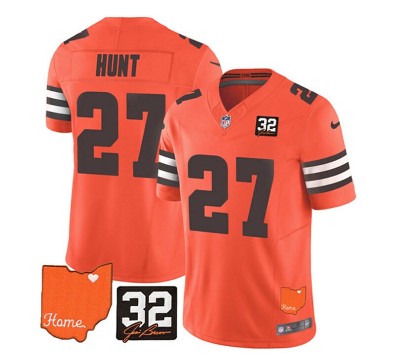 Orange Cleveland Browns #27 Kareem Hunt 2023 F.U.S.E. With Jim Brown Memorial Patch Vapor Untouchable Limited Stitched Jersey - CLB289