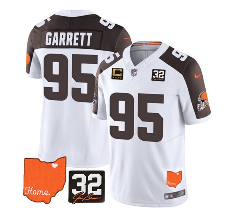 White/Brown Cleveland Browns #95 Myles Garrett 2023 F.U.S.E. With Jim Brown Memorial Patch And 4-Star C Patch Vapor Untouchable Limited Stitched Jersey - CLB109