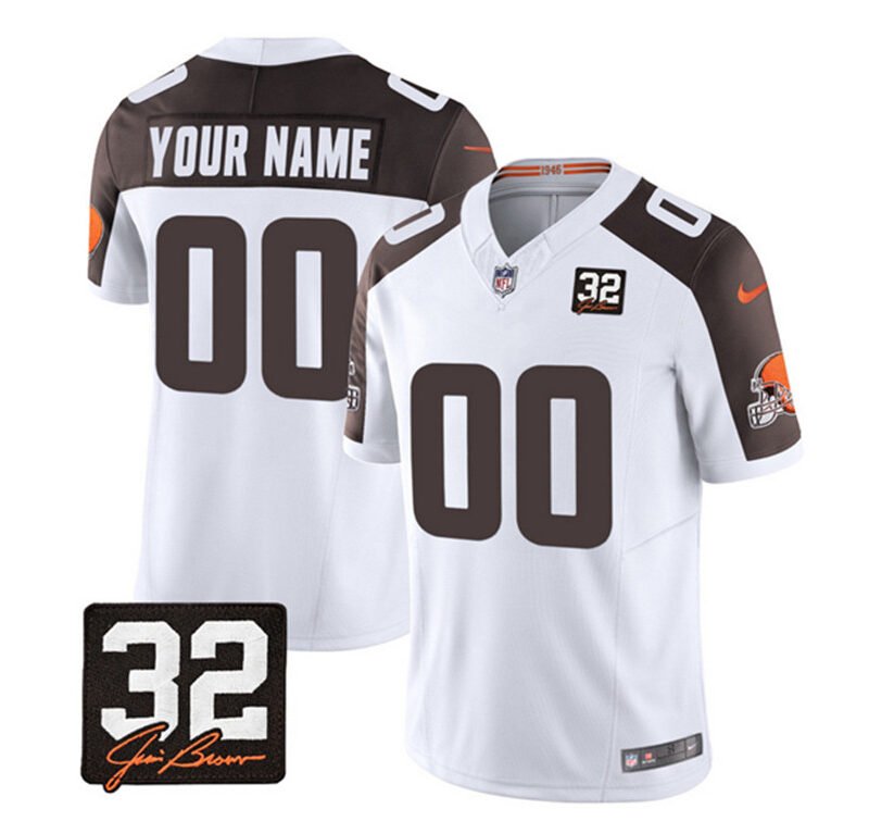 White/Brown Cleveland Browns Active Player Custom 2023 F.U.S.E. With Jim Brown Memorial Patch Vapor Untouchable Limited Stitched Jersey - CLB170