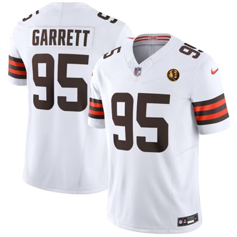 White Cleveland Browns #95 Myles Garrett 2023 F.U.S.E. With John Madden Patch Vapor Limited Stitched Football Jersey - CLB48