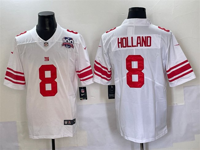 White New York Giants #8 Jevon Holland 2025 With 100th Season Patch Vapor Untouchable Limited Stitched Jersey - NYG66