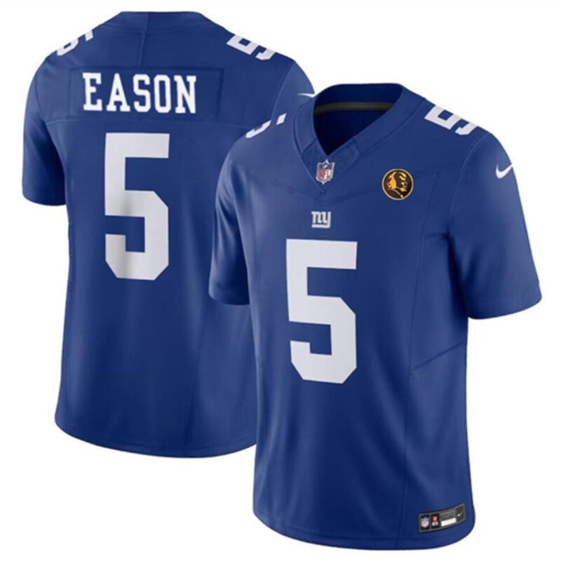 Blue New York Giants #5 Jacob Eason 2023 F.U.S.E. With John Madden Patch Vapor Limited Stitched Football Jersey - NYG176