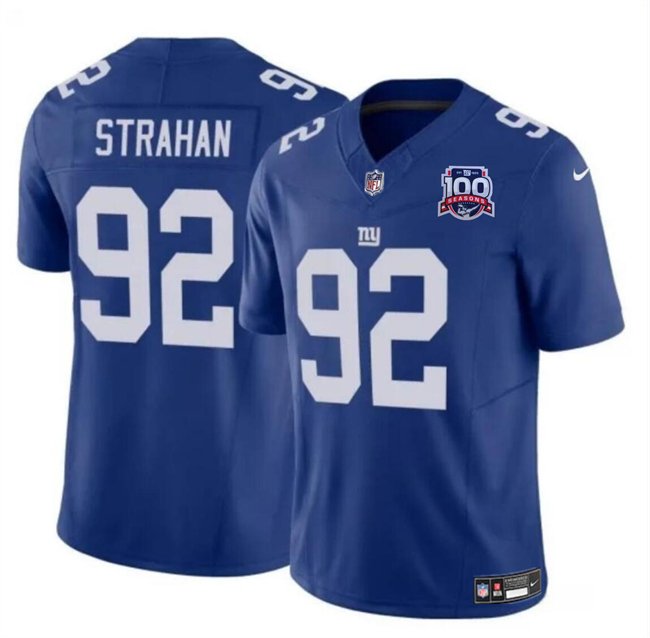 Blue New York Giants #92 Michael Strahan 2024 F.U.S.E. 100TH Season Patch Vapor Untouchable Limited Stitched Jersey - NYG122