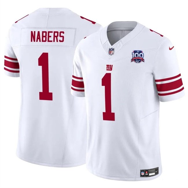 White New York Giants #1 Malik Nabers 2024 Draft F.U.S.E. 100TH Season Patch Vapor Untouchable Limited Stitched Jersey - NYG230