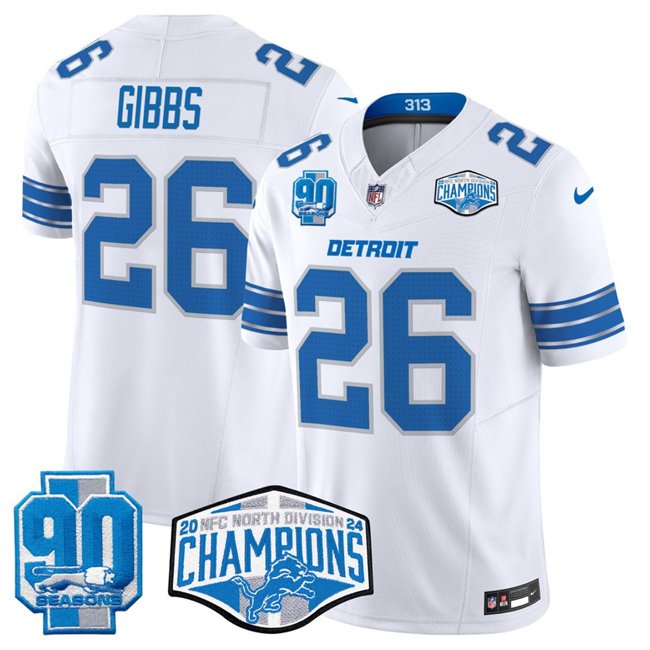 White Detroit Lions #26 Jahmyr Gibbs 2024 NFC North Champions 90th Anniversary Patch F.U.S.E. Vapor Limited Stitched Jersey - DTL132