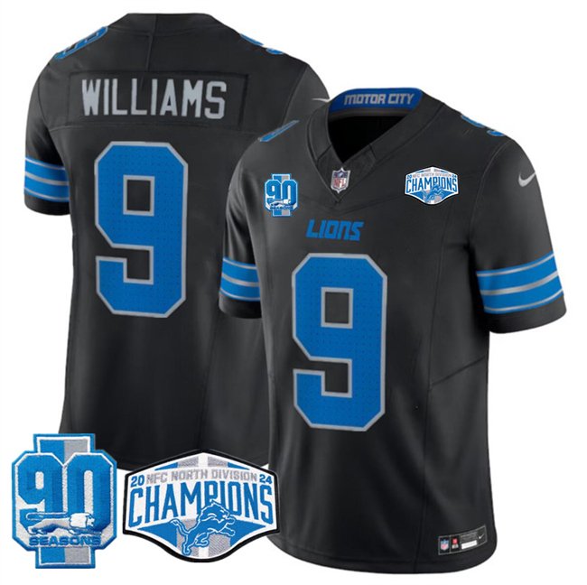 Black Detroit Lions #9 Jameson Williams 2024 NFC North Champions 90th Anniversary Patch F.U.S.E. Vapor Limited Stitched Jersey - DTL289