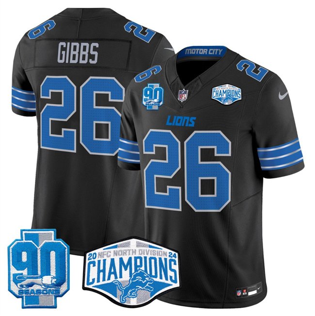 Black Detroit Lions #26 Jahmyr Gibbs 2024 NFC North Champions 90th Anniversary Patch F.U.S.E. Vapor Limited Stitched Jersey - DTL252