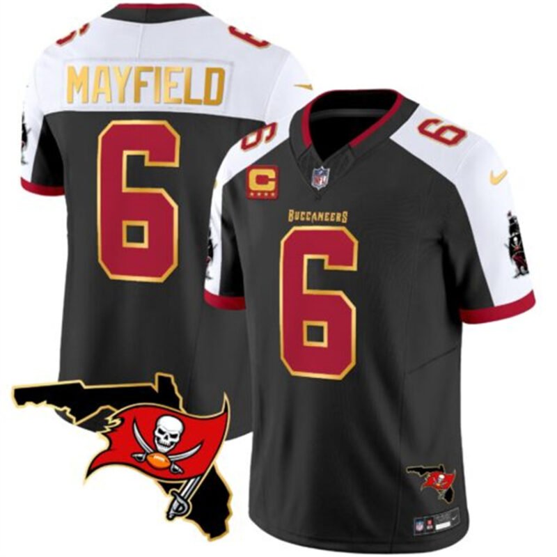 Black/White Tampa Bay Buccaneers #6 Baker Mayfield F.U.S.E. With 4-star C Ptach And Florida Patch Gold Trim Vapor Stitched Jersey - TBB22