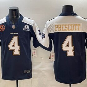 Navy Dallas Cowboys #4 Dak Prescott F.U.S.E. With John Madden Patch & Established In 1960 Patch Thanksgiving Vapor Limited Stitched Football Jersey - DLC280