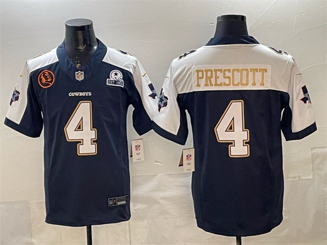 Navy Dallas Cowboys #4 Dak Prescott F.U.S.E. With John Madden Patch & Established In 1960 Patch Thanksgiving Vapor Limited Stitched Football Jersey - DLC280