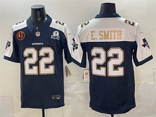 Navy Dallas Cowboys #22 Emmitt Smith F.U.S.E. With John Madden Patch & Established In 1960 Patch Thanksgiving Vapor Limited Stitched Football Jersey - DLC173
