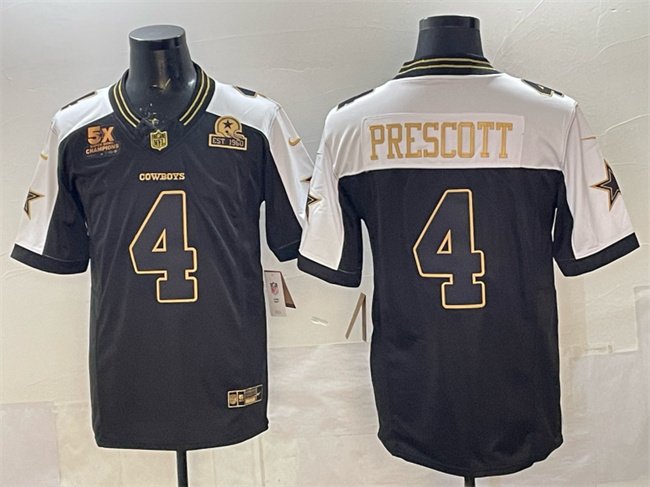 Black Gold Dallas Cowboys #4 Dak Prescott 2025 F.U.S.E. With 5x Super Bowl Champions & Established In 1960 Patch Vapor Limited Stitched Football Jersey - DLC17