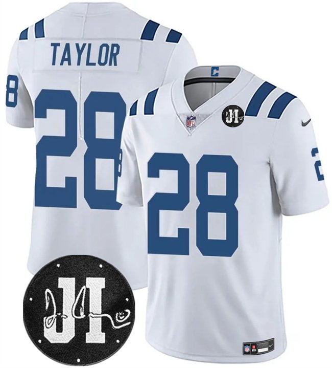 White Indianapolis Colts #28 Jonathan Taylor Jim Irsay Patch Vapor Limited Stitched Football Jersey - IDC122