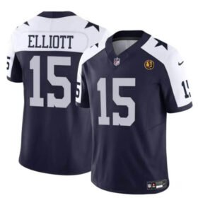 Navy Dallas Cowboys #15 Ezekiel Elliott 2023 F.U.S.E. With John Madden Patch Thanksgiving Vapor Limited Stitched Football Jersey - DLC92