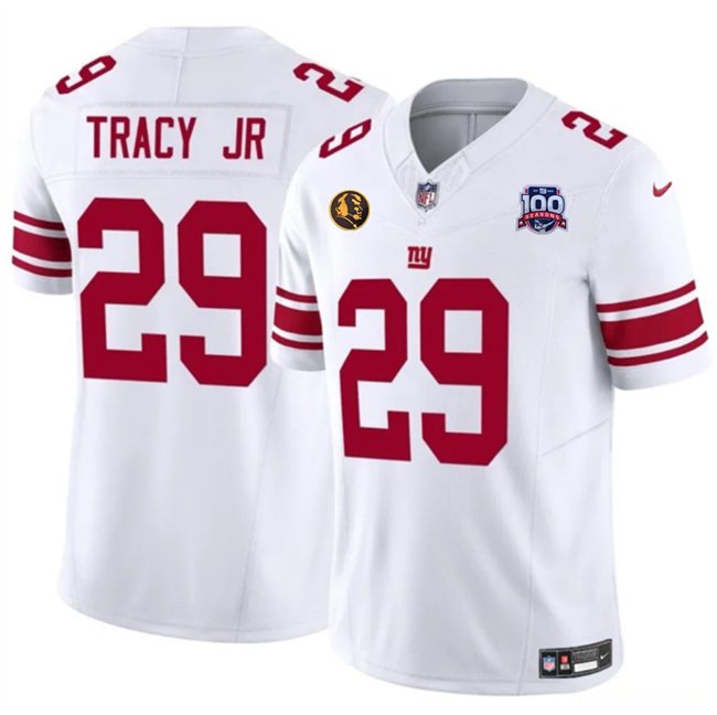 White New York Giants #29 Tyrone Tracy Jr. 2024 F.U.S.E. With John Madden Patch And 100TH Season Patch Vapor Untouchable Limited Stitched Jersey - NYG181