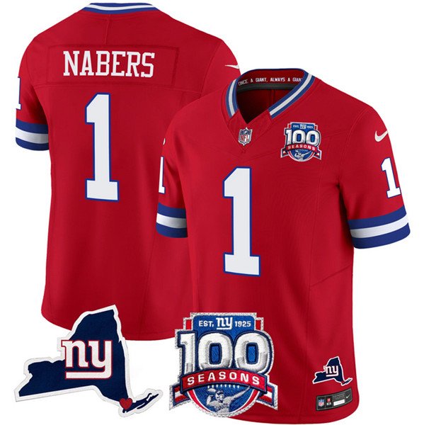 Red New York Giants #1 Malik Nabers 2024 F.U.S.E. 100th Season And State Patch Vapor Limited Stitched Football Jersey - NYG112