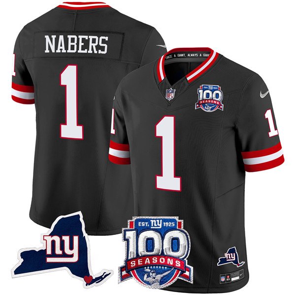 Black New York Giants #1 Malik Nabers 2024 F.U.S.E. 100th Season And State Patch Vapor Limited Stitched Football Jersey - NYG231