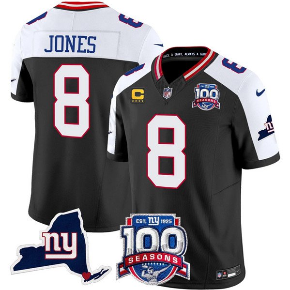 Black New York Giants #8 Daniel Jones 2024 F.U.S.E. With 4-Star C Patch 100th Season And State Patch Vapor Limited Alternate Stitched Football Jersey - NYG149