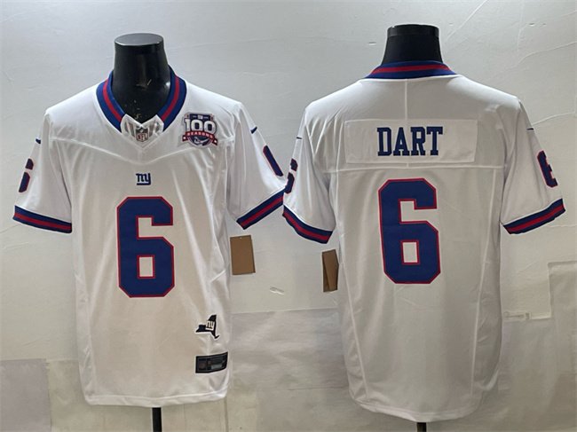 White New York Giants #6 Jaxson Dart 2025 Draft F.U.S.E. 100th Season & State Patch Vapor Limited Stitched Football Jersey - NYG168