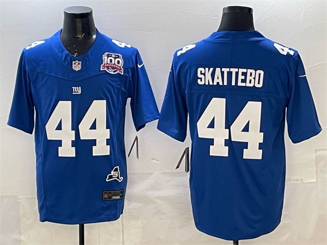 Royal New York Giants #44 Cam Skattebo 2025 Draft F.U.S.E. 100th Season & State Patch Vapor Limited Stitched Football Jersey - NYG61
