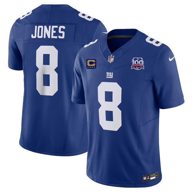Blue New York Giants #8 Daniel Jones 2024 F.U.S.E. With 4-Star C Patch And 100TH Season Patch Vapor Untouchable Limited Stitched Jersey - NYG142