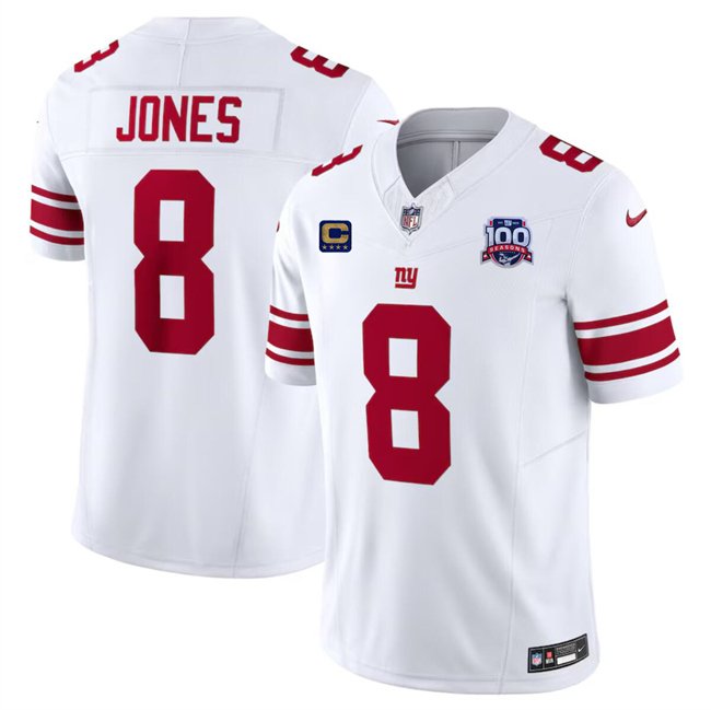 White New York Giants #8 Daniel Jones 2024 F.U.S.E. With 4-Star C Patch And 100TH Season Patch Vapor Untouchable Limited Stitched Jersey - NYG80