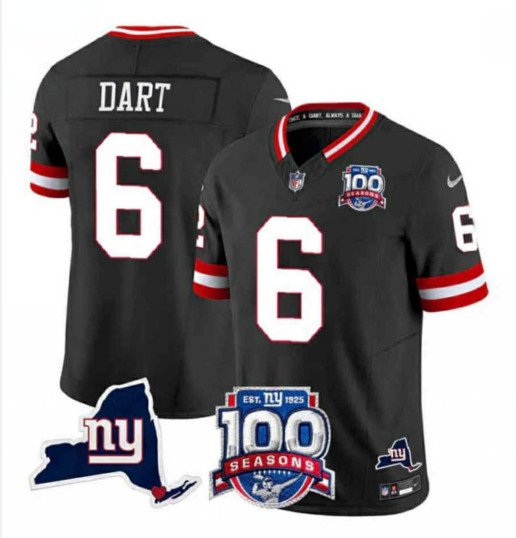 Black New York Giants #6 Jaxson Dart 2025 Draft F.U.S.E. 100th Season & State Patch Vapor Limited Stitched Football Jersey - NYG64