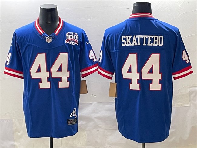 Royal New York Giants #44 Cam Skattebo 2025 Draft F.U.S.E. 100th Season & State Patch Vapor Limited Stitched Football Jersey - NYG91